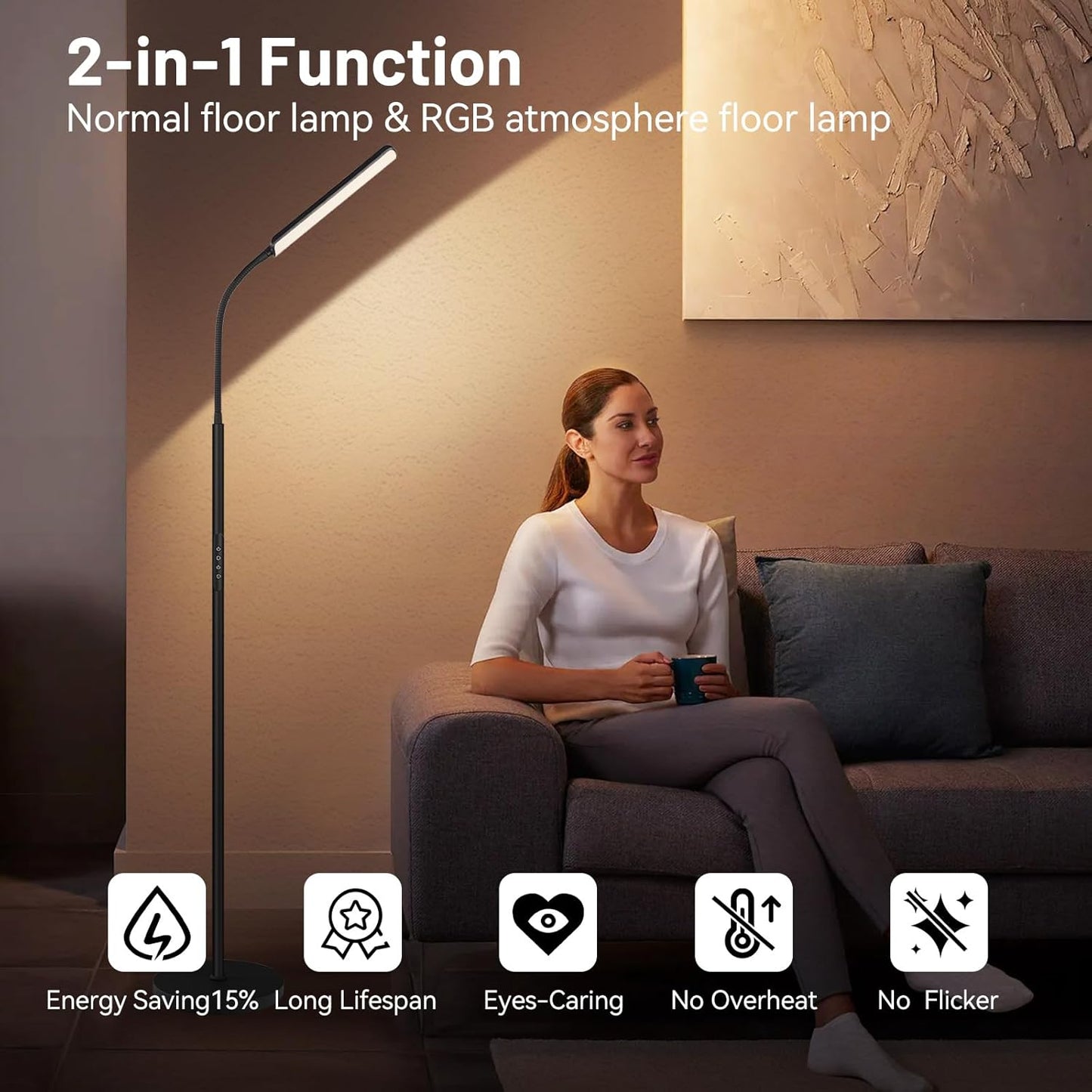 Dimunt LED Floor Lamp, Stepless Adjustable 3000K-6000K Colors, RGB | 4 Color Temps, Bright 15W Floor Lamps for Living Room with 1H Timer, Reading Standing Lamp with Remote & Touch Control, Home