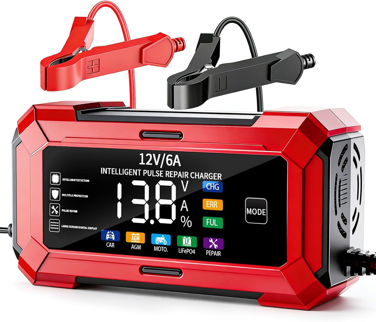 12V Smart Car Battery Charger with LCD Display, Automatic Trickle Charger, Jump Starter Red, Multiple Protection, Pulse Repair Technology, Compatible with 1100/ABS/APRC/RSV4 Models