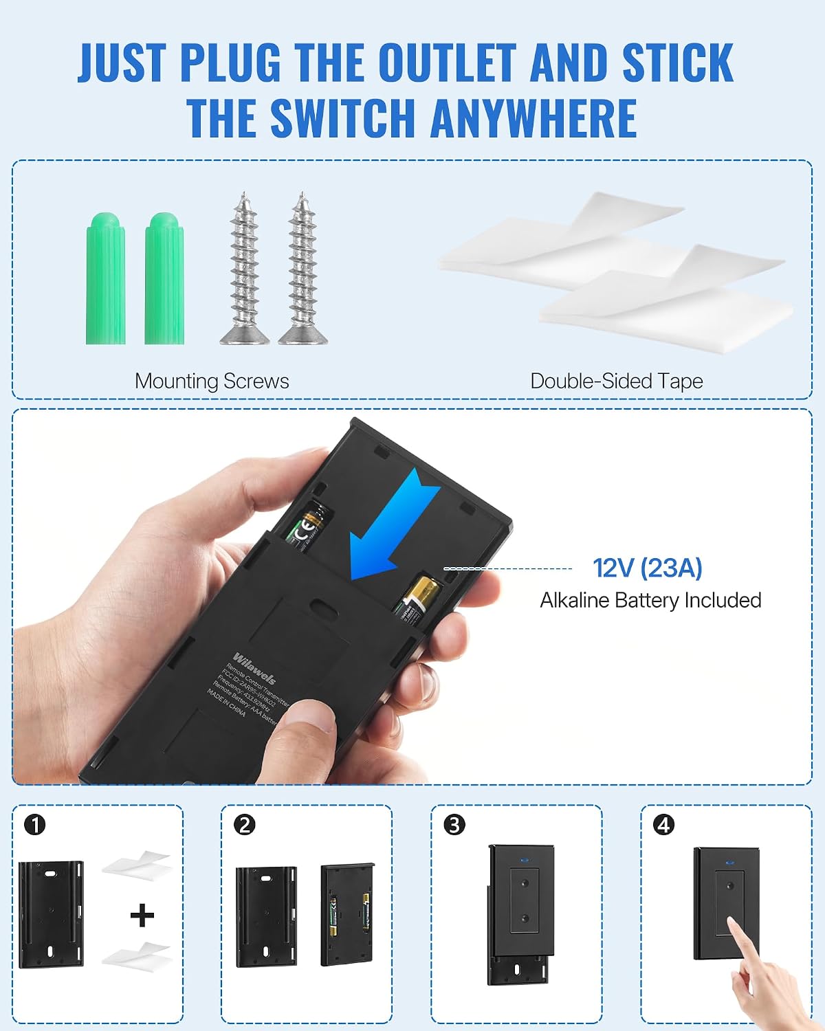 Black Remote Control Outlet Plug, WILAWELS Wireless Light Switch, On Off Remote Switch Outlet for Lights, Lamps, Home Appliance, 100ft RF Range, FCC Listed (2 Controllers + 1 Outlet) H05RC2106