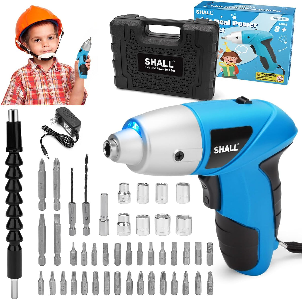 SHALL 47-Piece Kids Real Cordless Power Drill Set, Safety Certified Electric Screwdriver W/Screwdriver Drill Bits, Socket, Flexible Shaft, Carrying Case, DIY Construction Tool Kit for Children Age 8+