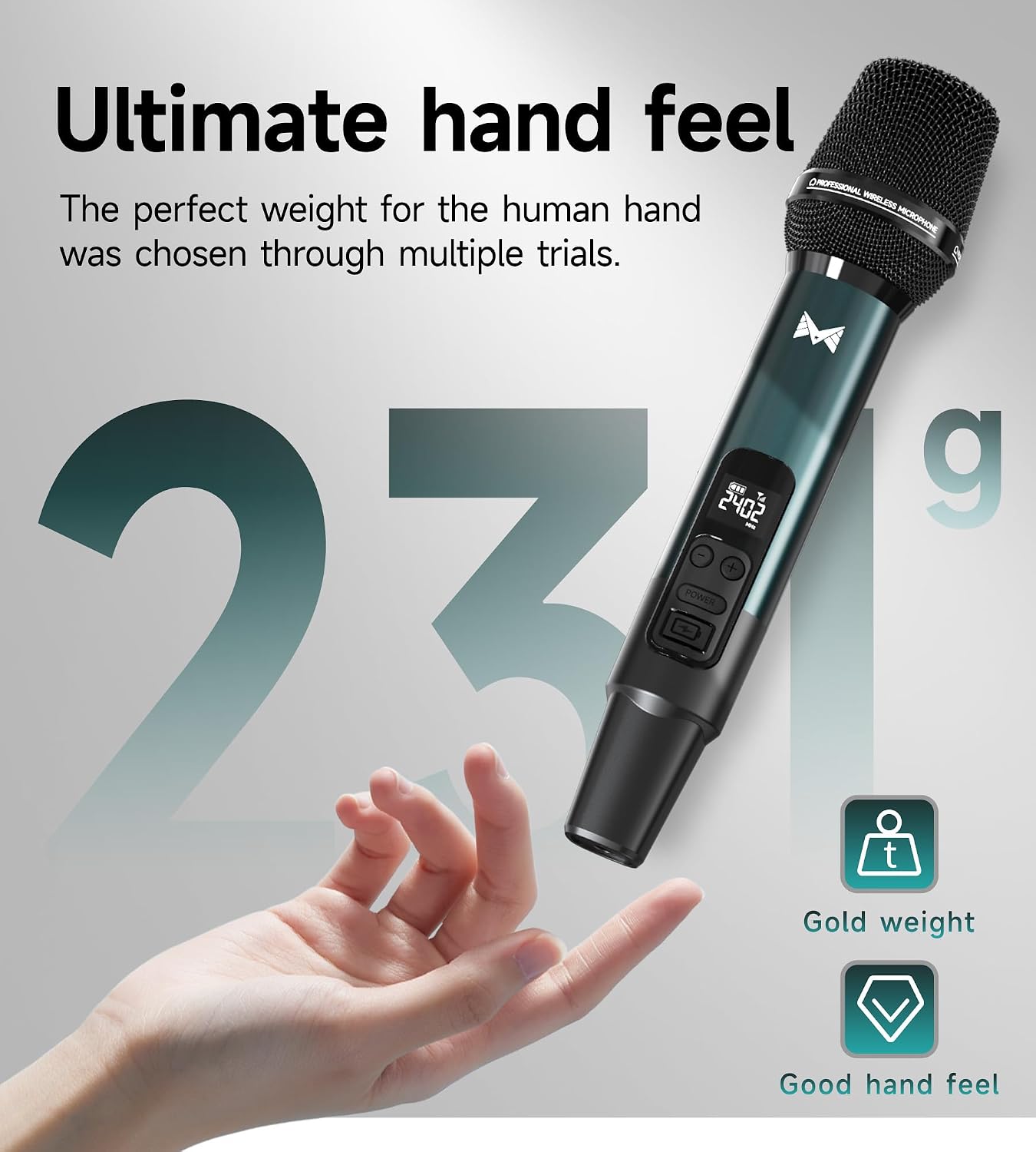 Wireless Microphone, Metal Dynamic Wireless Microphones with One-to-One Chip Connection and Rechargeable Receiver, 40H Duration, 200FT Range Receiving, Volume Control Karaoke Microphone for Singing