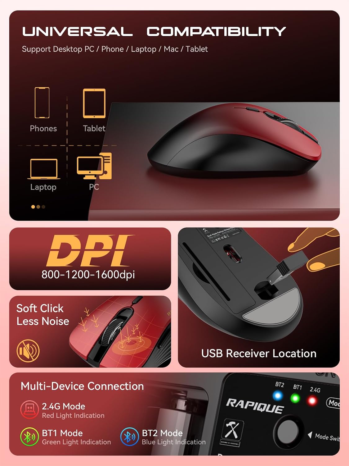 RAPIQUE Bluetooth Wireless Mouse, Dual Bluetooth & 2.4 GHz, Gradient Red | Quiet Clicks, Right-Hand Ergonomic 6 Button, Adjustable DPI, AA Battery, 3-Device Switching for Laptop, PC, Tablet, MacBook