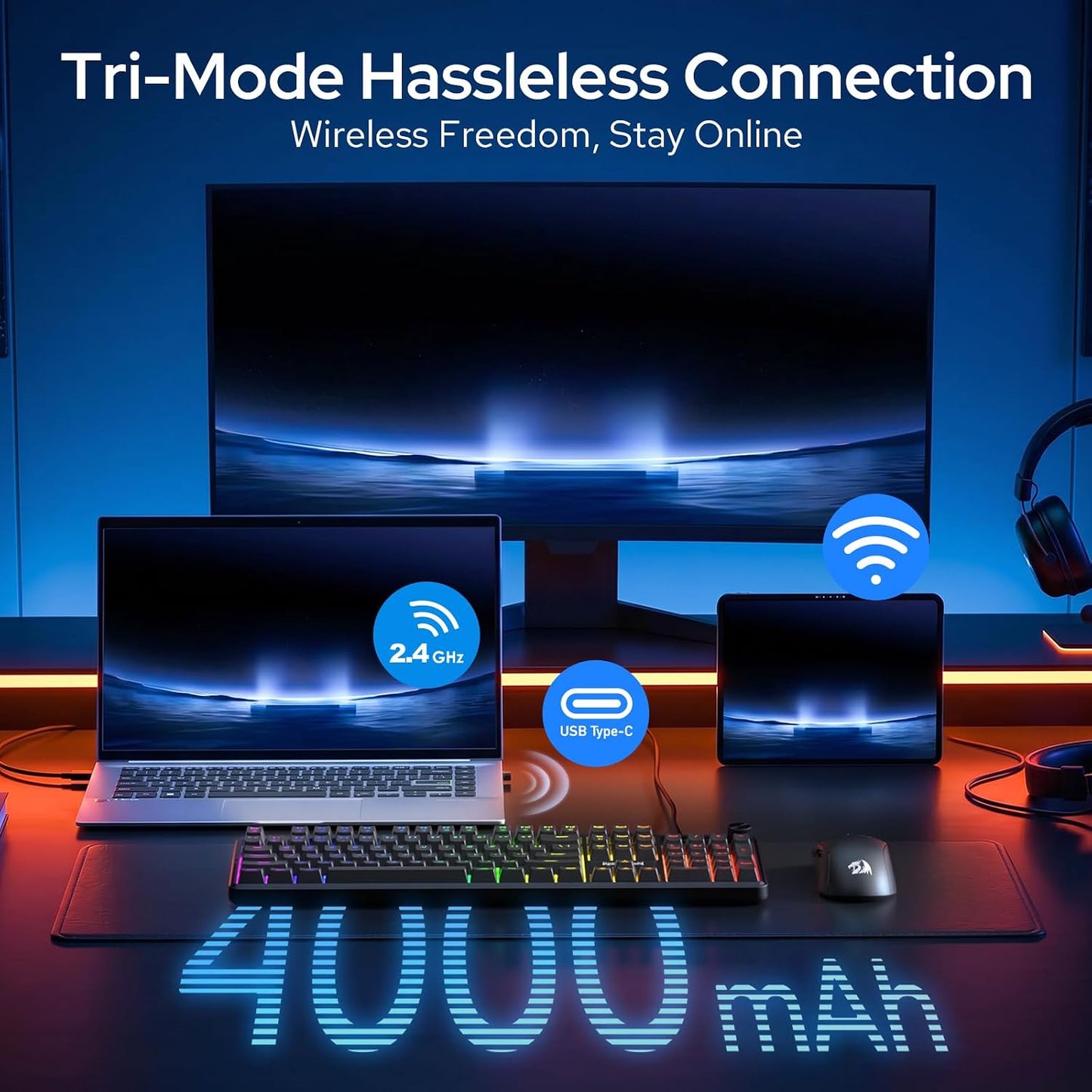 Redragon K526 PRO Wireless RGB Membrane Gaming Keyboard, LED Screen & Knob | See Battery, Mode & Time at a Glance, 0-Delay Tri-Mode, One-Touch Backlit & Media Adjust, 26-Key Anti-Ghost for Combo-Strike
