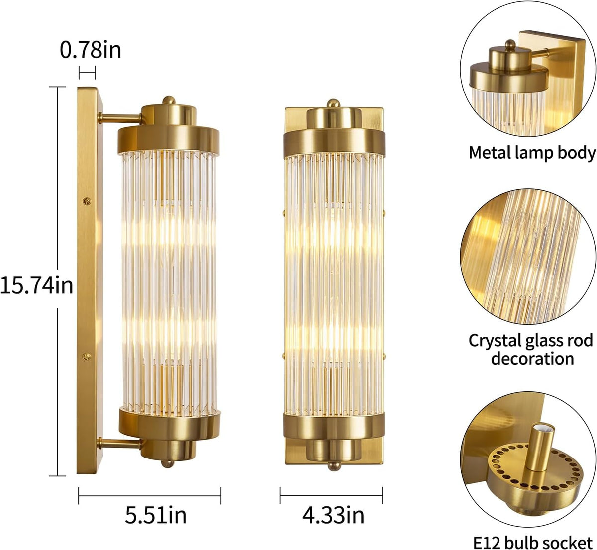 Gold Wall Sconces Set of Two with Crystal Glass Strip Bathroom Sconces Modern Wall Lights for Bedroom Living Room Hallway Wall Light Fixtures, 2 Light E12 Base