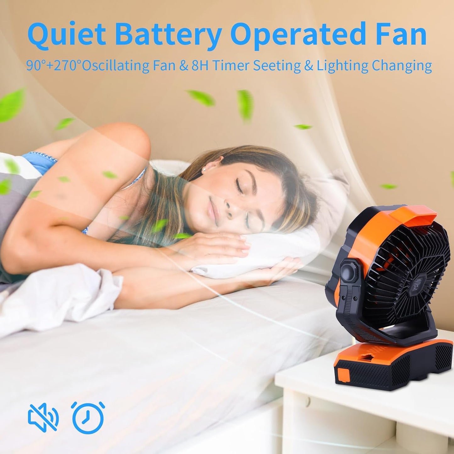 WESTTREE Camping Fan Oscillating Portable Fan Battery Powered Fans Rechargeable Camping essentials with Light Hook, 270° Pivot USB Desk Battery Operated Outdoor Tent Travel