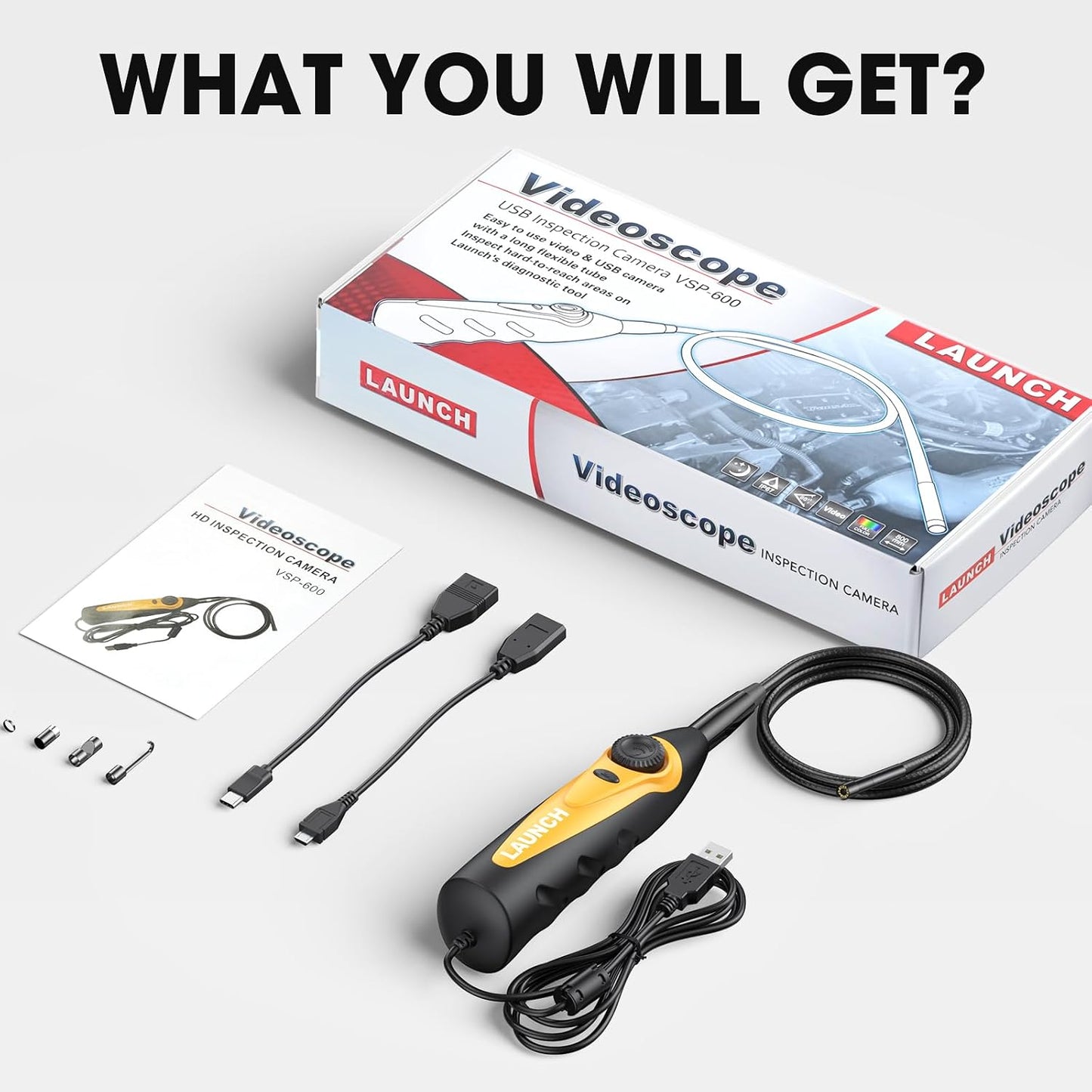 LAUNCH VSP-600 Endoscope 5.5mm Ultra-Thin, Lens HD Wide Application Videoscope Borescope high Definition Multi-Angle Imaging One-Click Snapshot IP67 Waterproof with 2000mm USB Cable