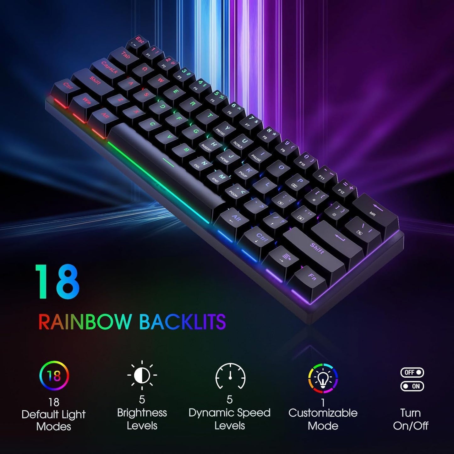 60% Wired Mechanical Gaming Keyboard with Blue Switches, LED Backlit | 61 Keys Ultra-Compact Mini Portable Office Keyboard for PC/Mac/Xbox, 18 LED Backlight, Easy to Carry On Trip, Black