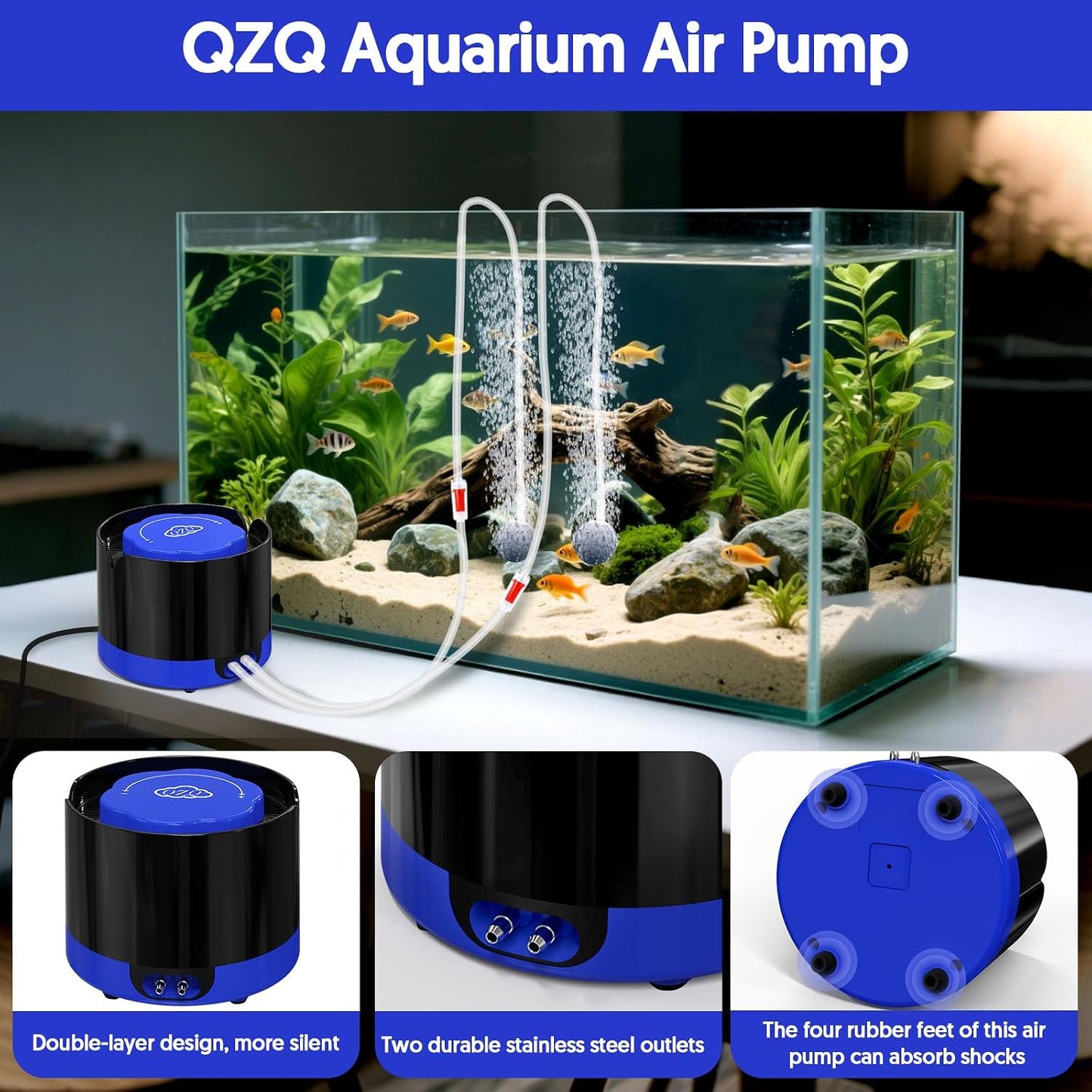 QZQ Aquarium Air Pump, Quiet Fish Tank Air Pump with Dual Outlets, 3W/5W Powerful Adjustable Oxygen Pump with Accessories, Aquarium Bubbler Aerator for Fish Tank Up to 80 Gallon (3W)