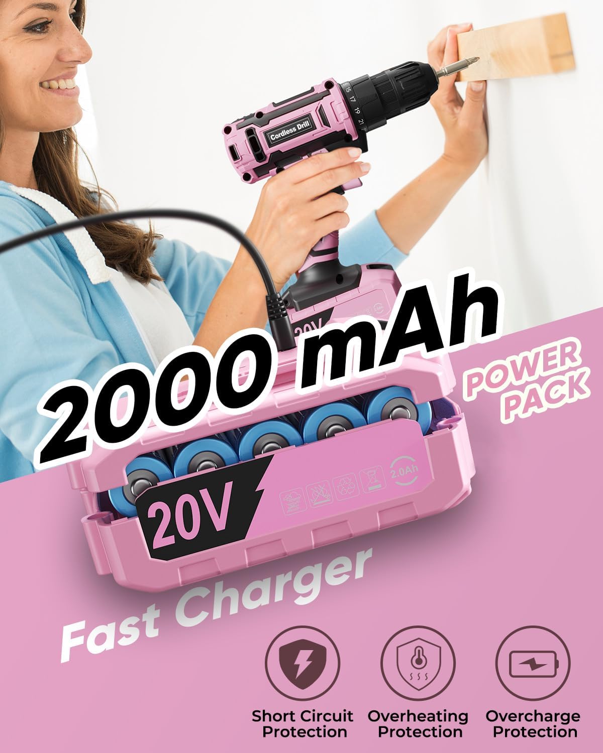Pink Cordless Drill Set, VIWKO 20V Electric Power Drill for Women, Lightweight Electric Screwdriver Driver with Power Pack & Charger, 3/8" Keyless Chuck, Womens Tool Kit for House