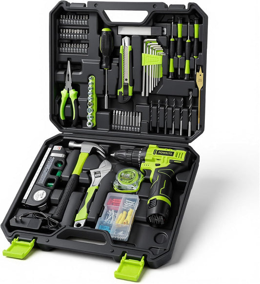 12V Cordless Drill Tool Set, 25+1 Torque Setting, Green Tool Kit for Home | Electric Drill with Battery & Charger, 2-Speed Power Drill Set for Women & Men, Basic Tool Kit with Drill, 142Pcs