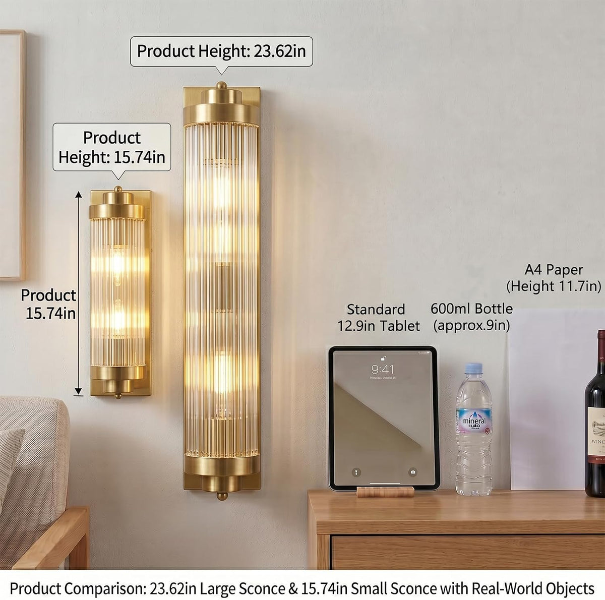 Gold Wall Sconces Set of Two with Crystal Glass Strip Bathroom Sconces Modern Wall Lights for Bedroom Living Room Hallway Wall Light Fixtures, 2 Light E12 Base