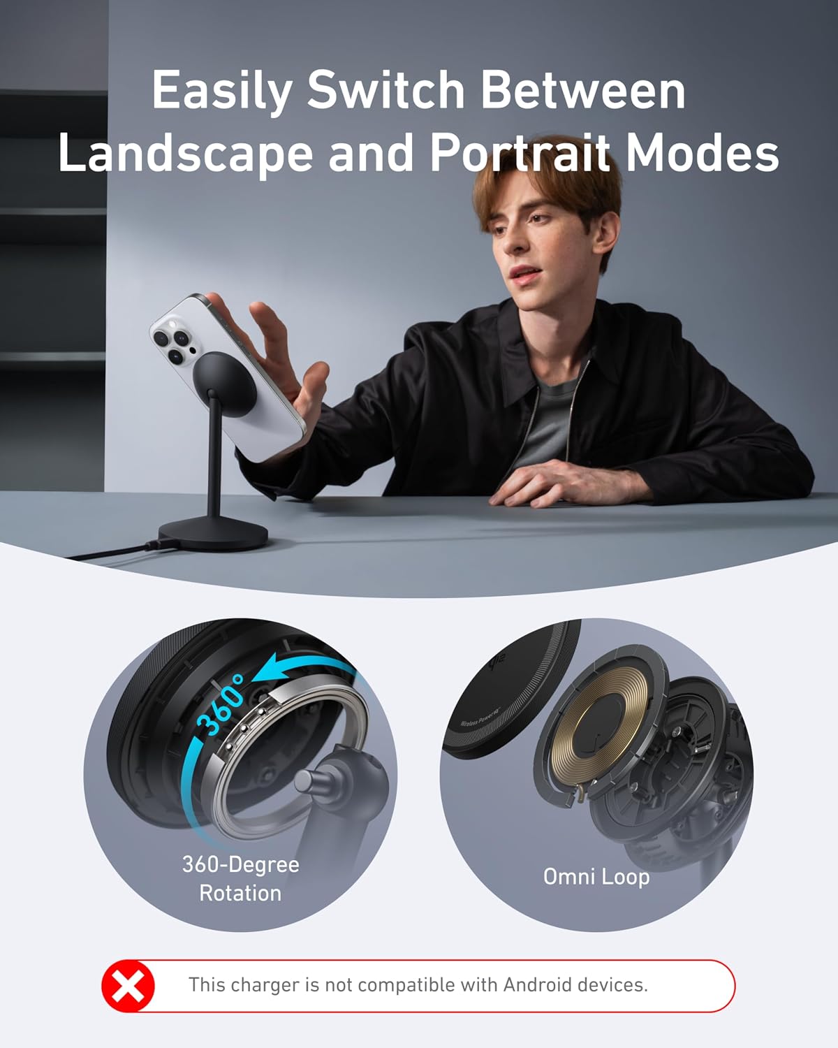 Anker MagSafe Charger, MagGo Qi2 15W 360-Degree Wireless Charger Stand | Qi2-Certified Magnetic Mount with Full Rotation, Magnetic Stand for iPhone 17 / 16 / 15 / 14 Series