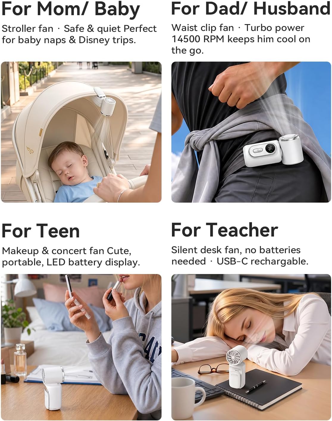 Mini Clip on Fan Handheld, 3000mAh Rechargeable Portable Fan with LED Display, 3-in-1 Personal Cooling Fan, 2 Speeds Quiet USB C Fan for Stroller Desk Travel Camping Office for Women Men Kids, White