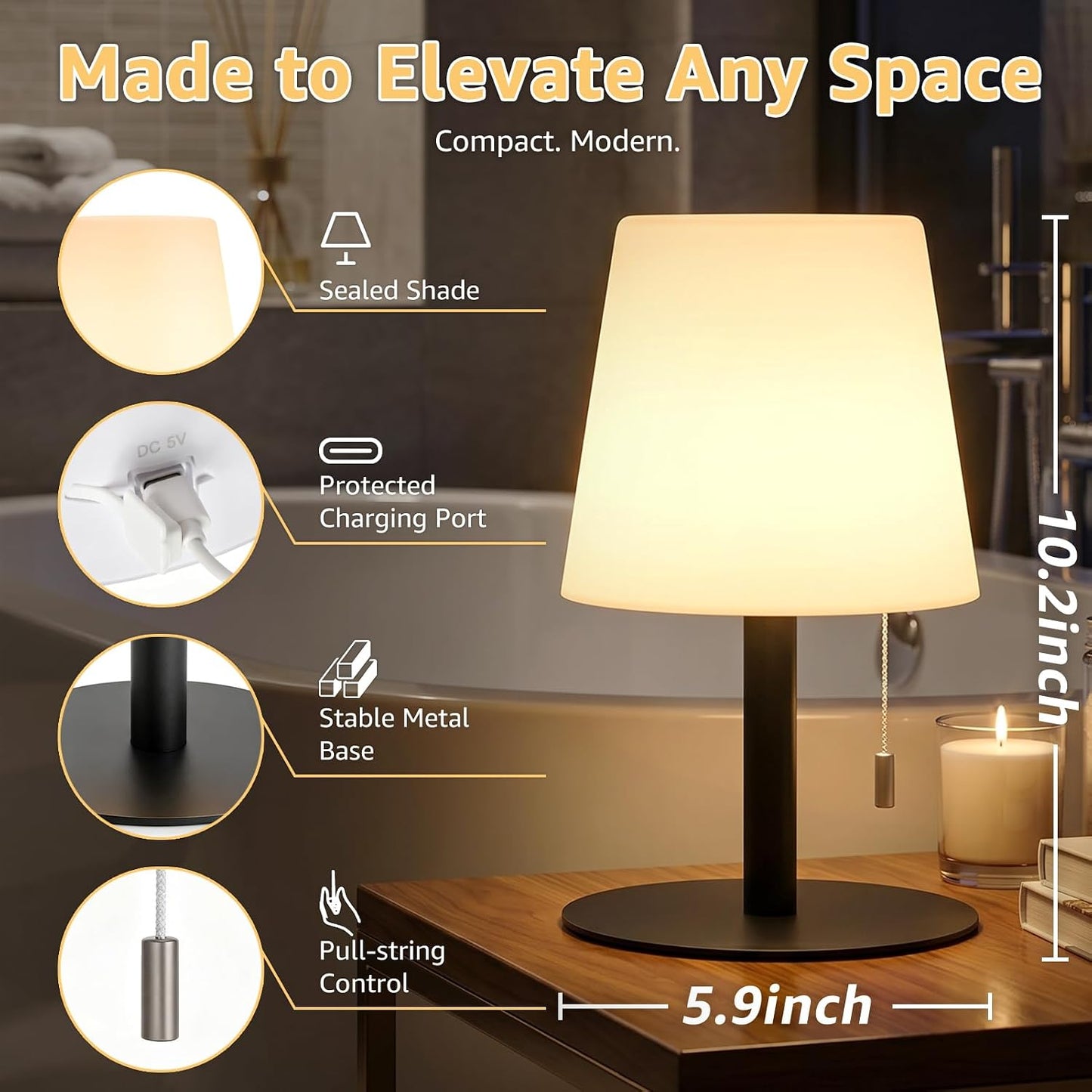 uuffoo Shower Lamp Rechargeable Cordless Light Waterproof for Bathroom Spa | Portable Battery Operated Table Lamp RGB Mood Lighting LED Night Light for Patio kitchen Camping (Black)