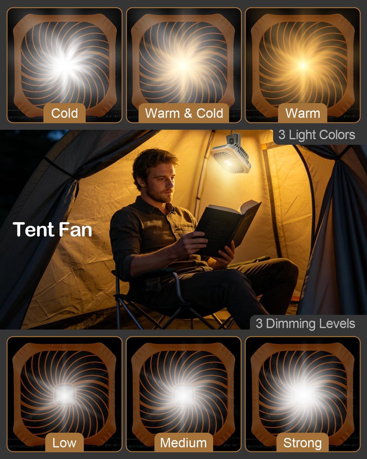 Odoland Portable Camping Fan with LED Lantern, 40H Rechargeable Battery Fan | Quiet Tent Fan with Hanging Hook for RV Car Beach Outdoor Hurricane Emergency Outages, 4-Speed Wind & 3-Color Light, Brown