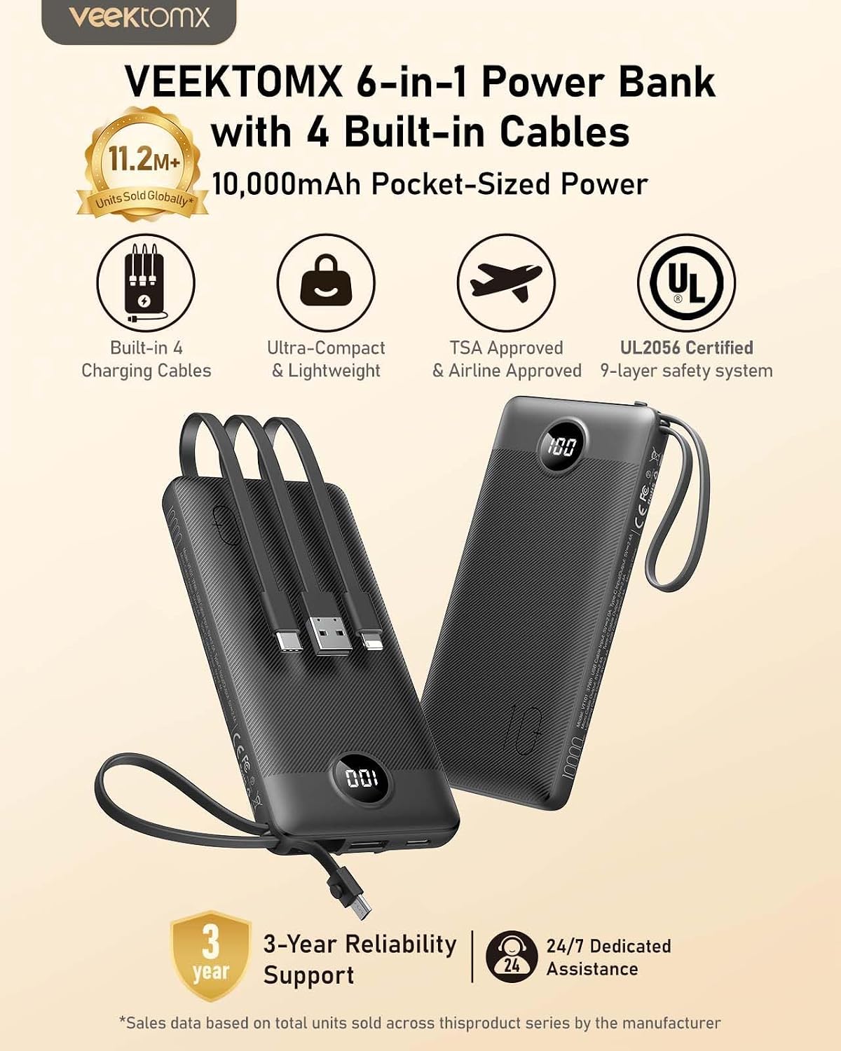 VEEKTOMX 10000mAh Portable Charger with 4 Built-in Cables | Slim Power Bank, USB-C Battery Pack with iPhone & Micro USB, TSA Approved Travel Charger for iPhone, Samsung, Android, Black