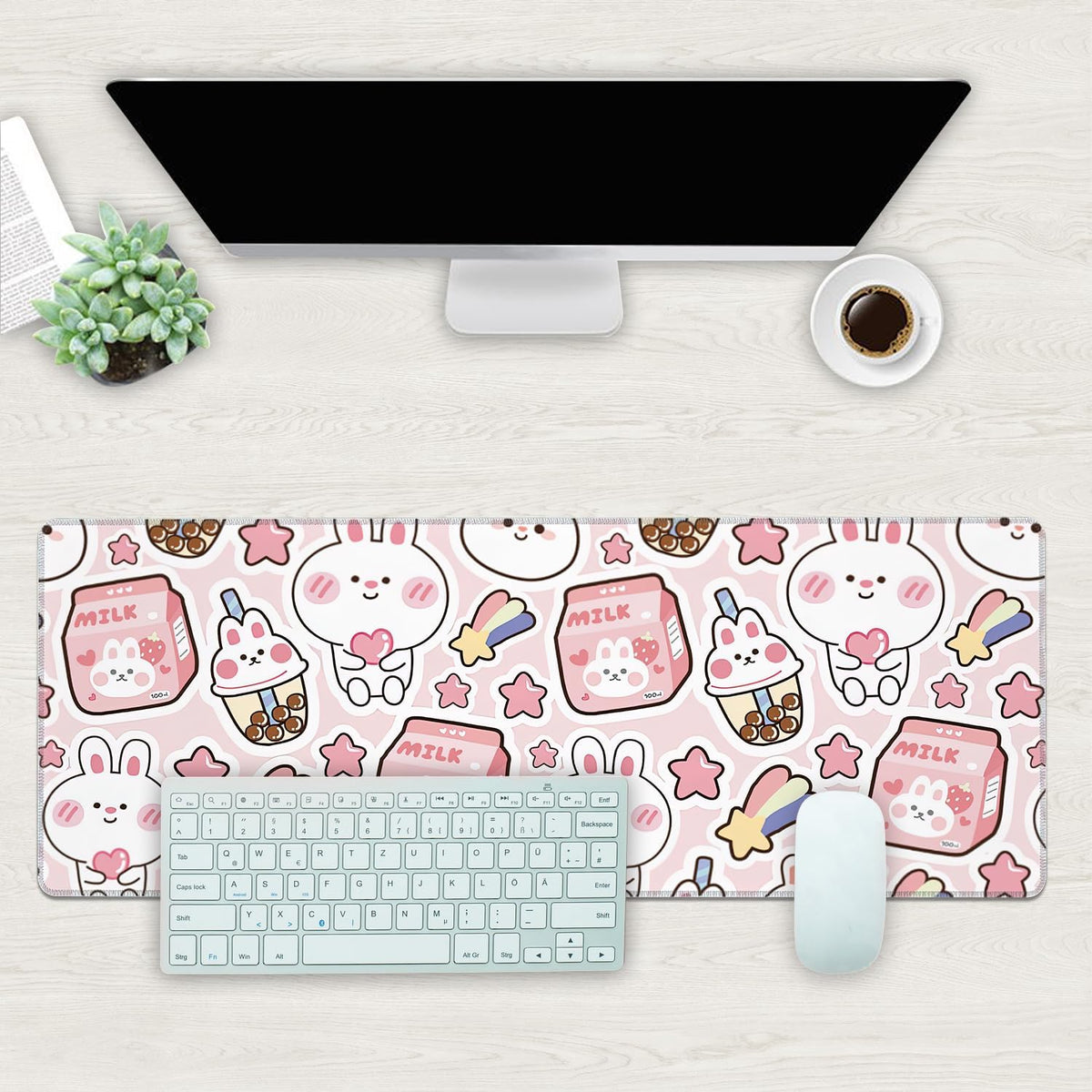 Desk Mat, Pink Kawaii Rabbit Extended Gaming Mouse Pad Large, 31.5"x11.8" Big Mouse Pad with Non-Slip Base and Stitched Edge, Long Computer Keyboard Mouse Mat for Home Office Work