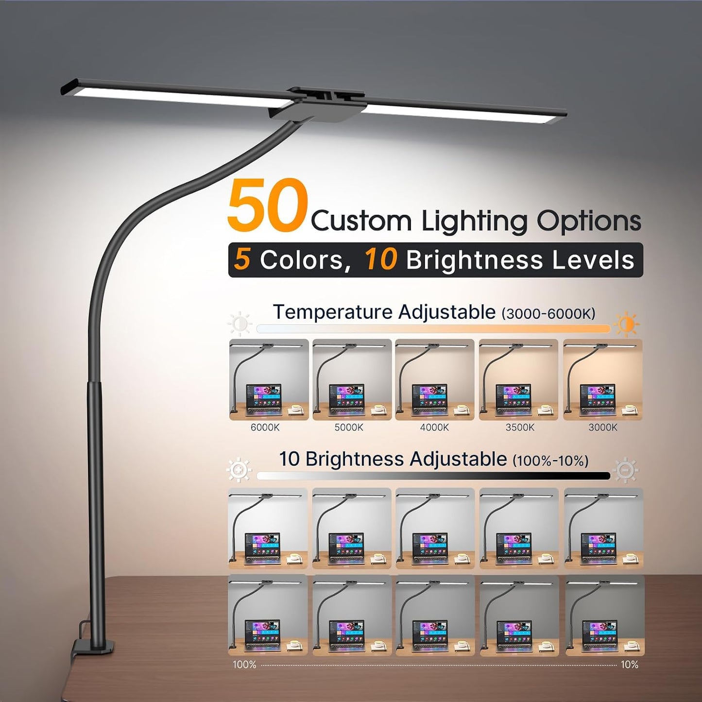 Syrinx LED Desk Lamp with Clamp, Dual Head Eye-Caring Architect Desk Lamp | Adjustable Swing Arms & Flexible Gooseneck, 50 Lighting Modes, Memory & Timer, Gesture & Wired Control for Office & Crafting