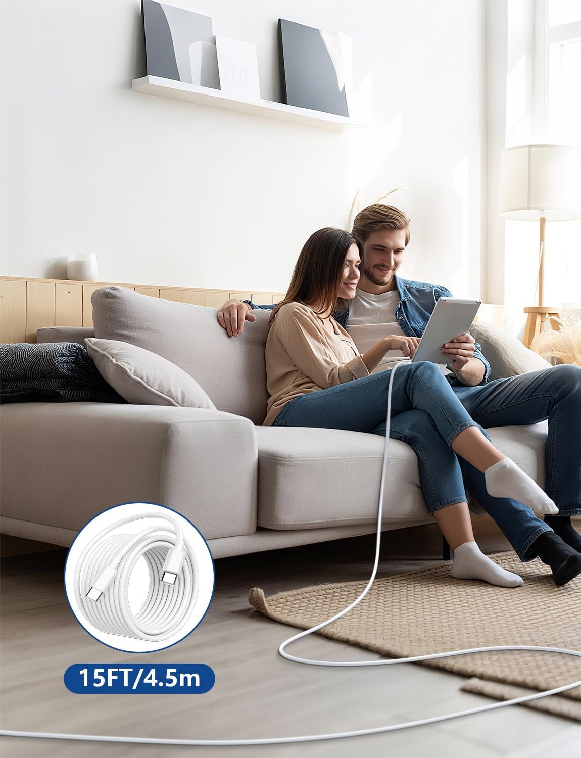 15FT USB C to USB C Cable, Long 60W USBC to USBC Cord Fast Charging | Extra Long Type C to Type C Cable for iPhone 17 16 15 Pro Plus Pro Max,Galaxy S26/S25/S24,iPad Pro/Air,MacBook Pro/Air, White