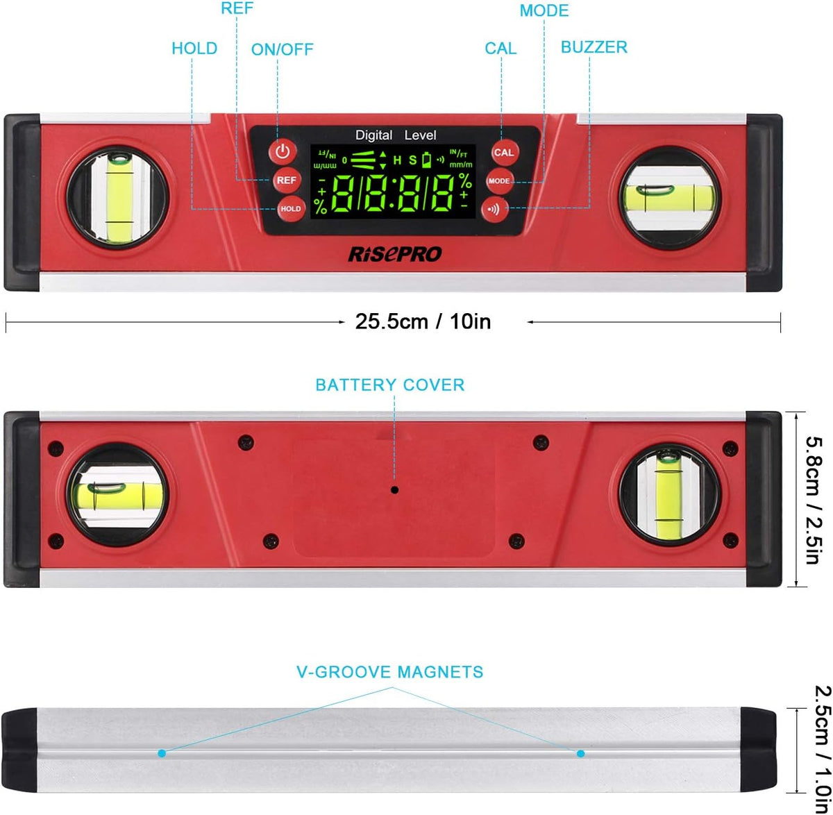 10-Inch Digital Torpedo Level and Protractor IP54 Protected Electronic Bubble Inclinometer, Angle Finder, Gauge w/Large VA Display & V-Groove Base DL135N