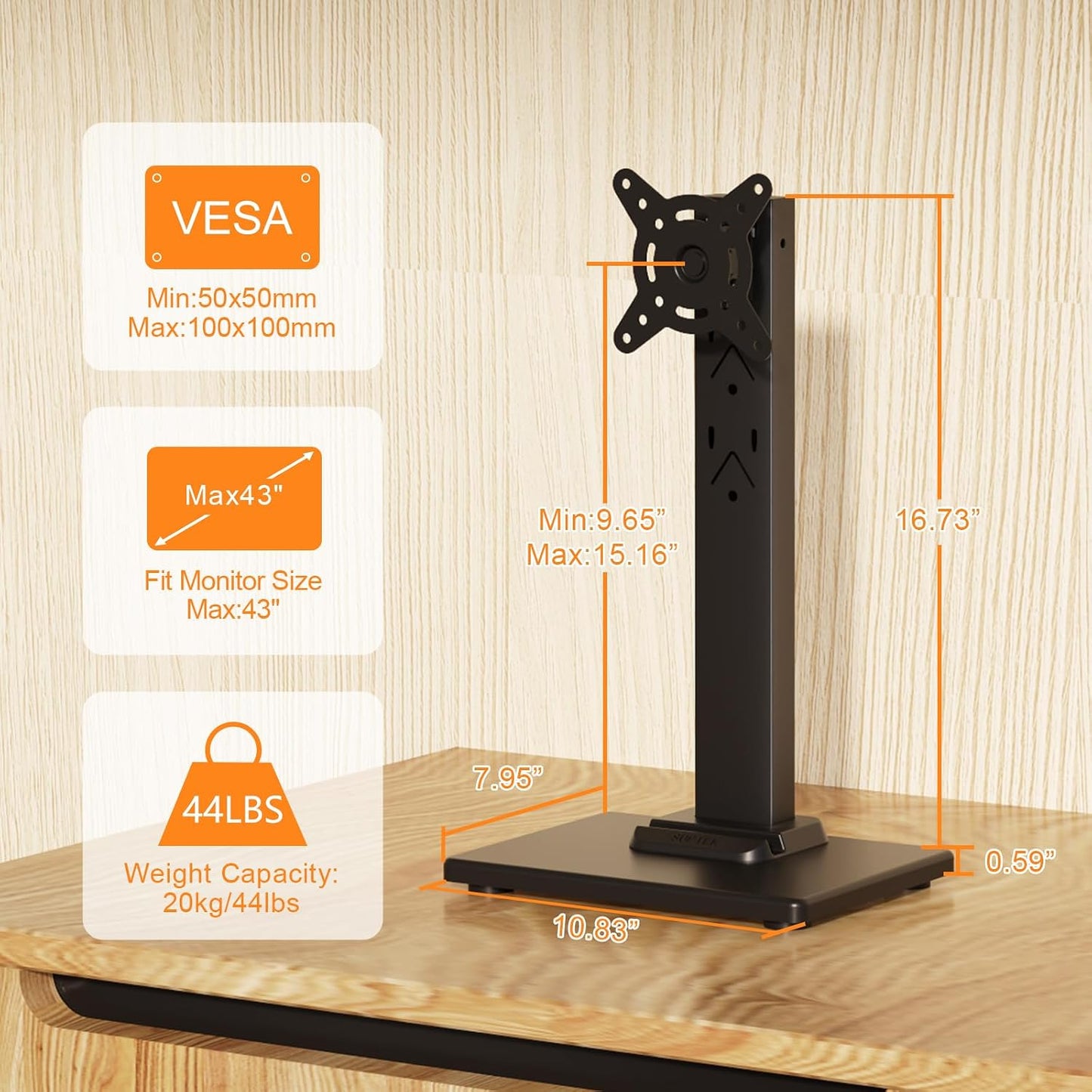 Suptek Single LCD Monitor Stand Mount Riser for 13-43 Inch Screen | Holds up to 44lbs, Free-Standing, Swivel, Height Adjustable, Rotation, 50-100mm VESA Base