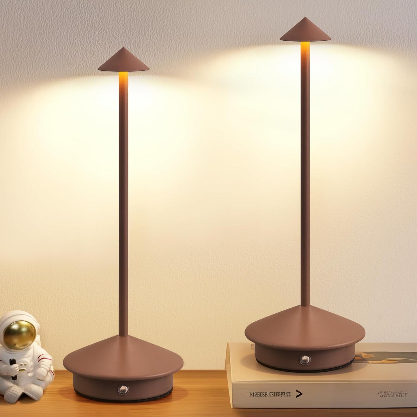 Modern Cordless Table Lamp Set of 2, Brown Portable LED Desk Lamps | 5000mAh, Rechargeable, Battery Operated Lighting for Bedroom, Dining Room, Restaurant, Coffee Shop, Camping, Night Light