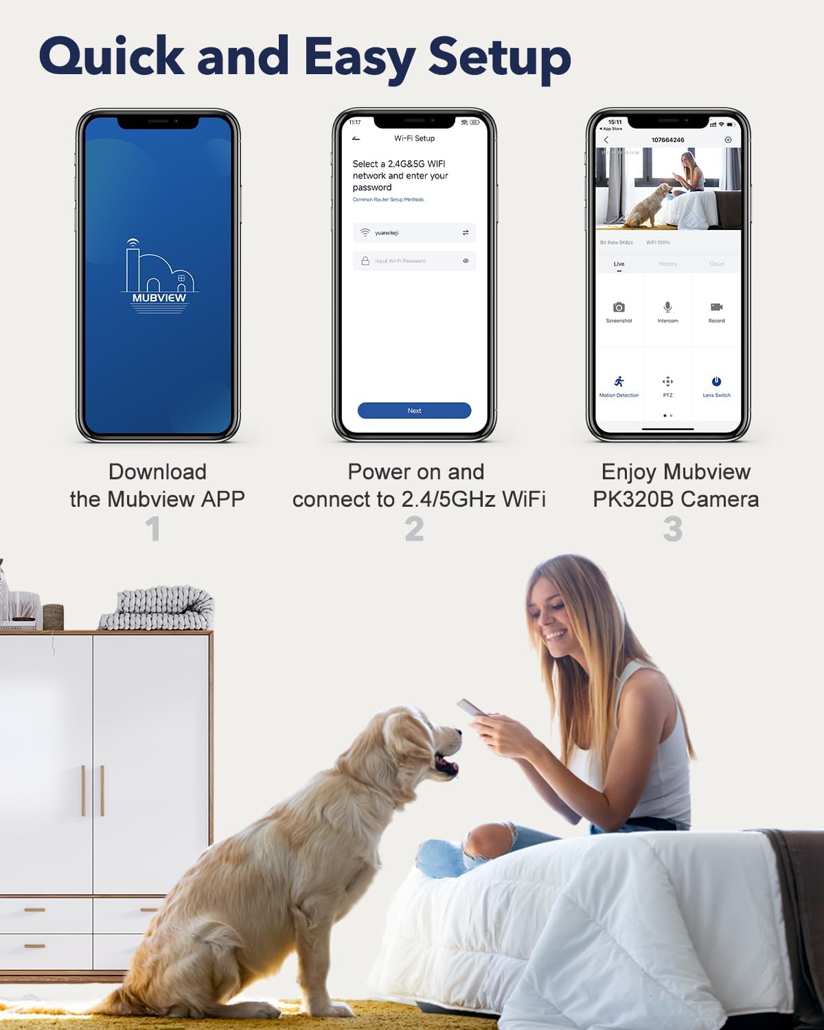 MUBVIEW Cameras for Home Security, Indoor Security Camera, 2.4/5GHz WiFi Wired Camera Ideal for Dog/Elder/Baby, Motion Tracking, Two-Way Audio, Pan Tilt, 7X24, 2K Night Vision