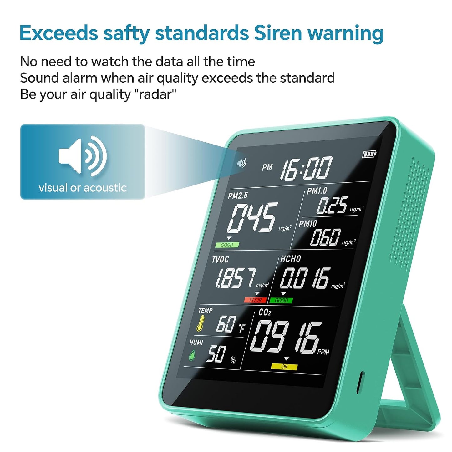Air Quality Monitor Indoor,13-in-1 Smart Air Quality Tester with PM 2.5, CO2, TVOC, HCHO, PM1, AQI, PM10, Temperature & Humidity, Real Time Display, Battery Powered, for Home & Office
