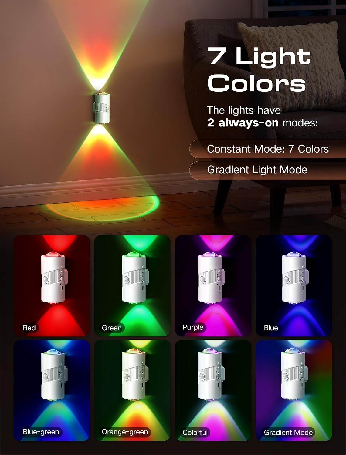 Rechargeable RGB Motion Sensor Night Light, Color Changing LED Wall Lamp with Stick-on Magnet, 4-Level Adjustable Brightness, Nightlights for Bedroom, Bathroom, Hallway, Stairs, Closet, 2-Pack