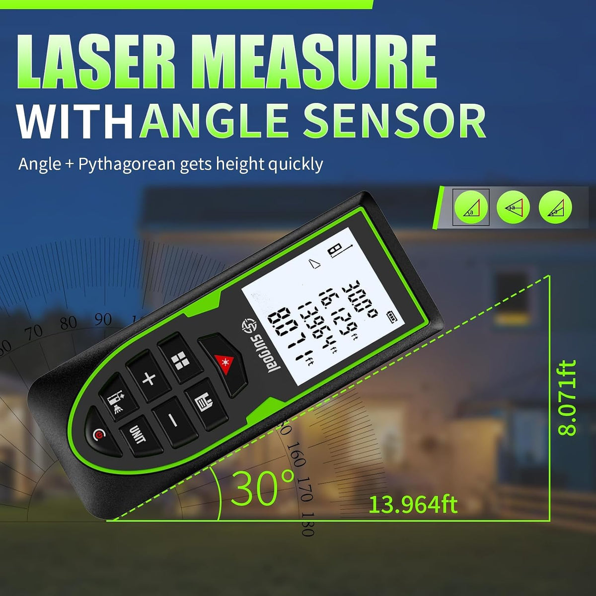 Green Laser Distance Measure USB-C Rechargeable Live XY Angle Sensor | High-Accuracy, Area / Volume / Pythagorean, Ft/In/Ft+In/M Unit Switching, Compact, Home DIY Woodworking Indoor Projects Gift