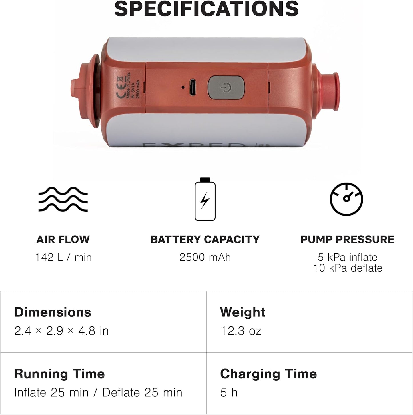 Exped Mega Pump | High Power Portable Electric Air for Inflating and Deflating Camping Pad, Rechargeable Battery USB-C Port