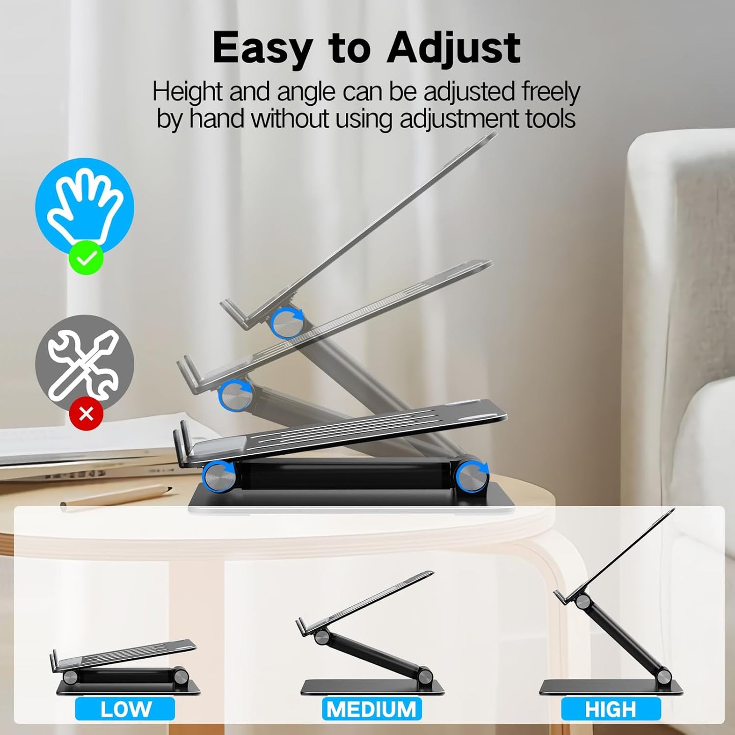 Tonmom Adjustable Laptop Stand for Desk, Metal Foldable Laptop Riser | Portable Laptop Holder, Ventilated Cooling Computer Notebook Stand Compatible with 10-17.3” Laptops