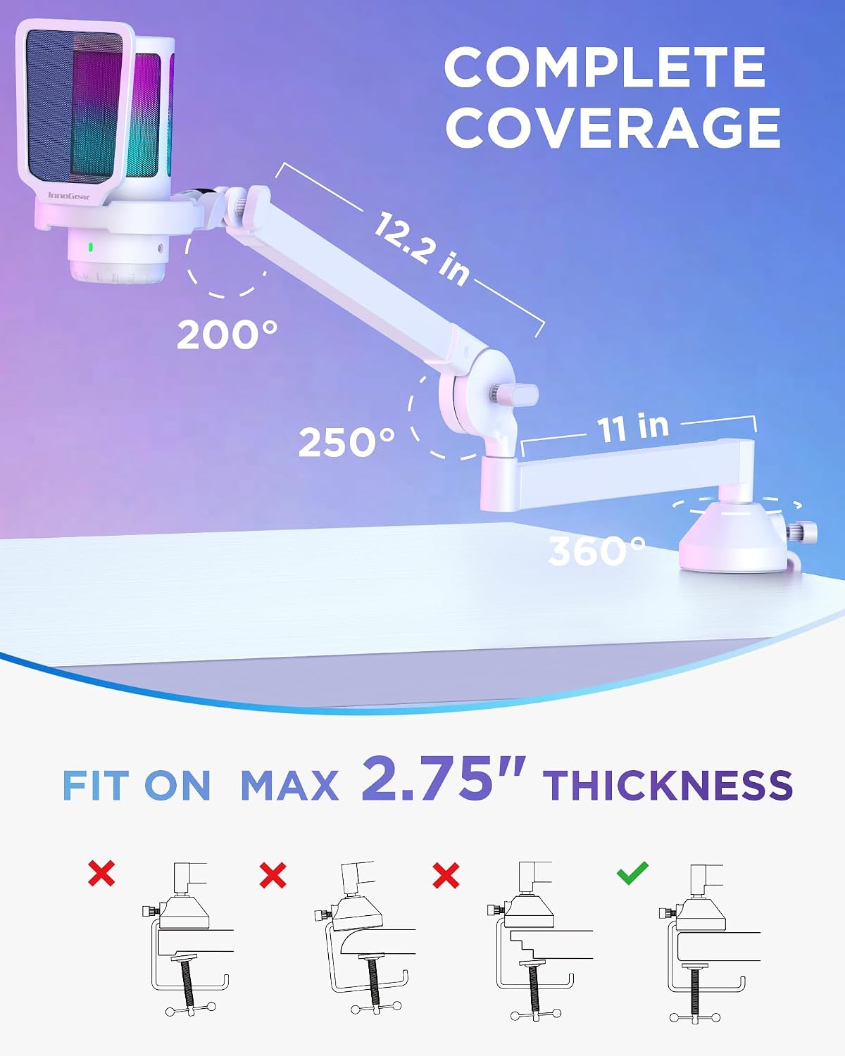 InnoGear USB Gaming Microphone for PC Boom Arm Condenser Mic Set, White | One-Touch Mute, Interruption-Free, Adjustable Boom Arm, Zero-Latency Monitoring, Work with Xbox, Changeable RGB Modes