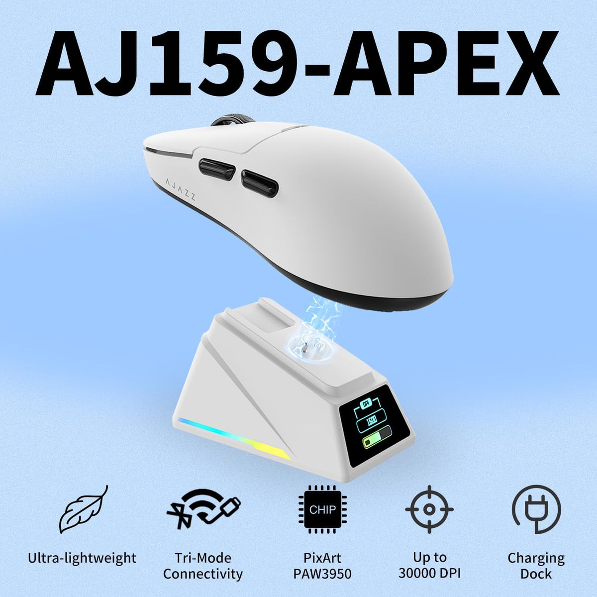 DAIDAI Ajazz AJ159 APEX Wireless Gaming Mouse with TFT Color Screen Charging Dock, 56g Ultra-Lightweight Ambidextrous Mice, PAW3950 Sensor, Tri-Mode, White