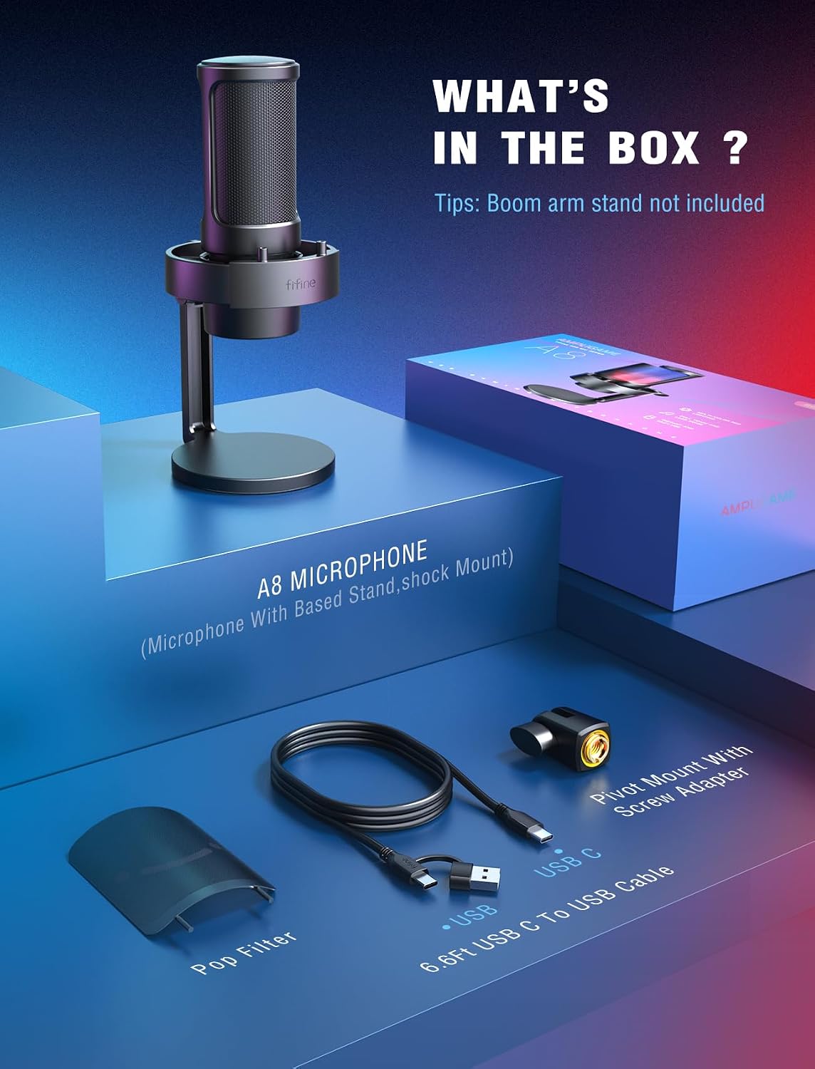 FIFINE AmpliGame A8 USB Gaming Condenser Microphone with RGB Control for PC | RGB Control, Gain Knob, Quick Mute, Desktop Mic, Headphone Jack, Shock Mount, Pop Filter, for PS4/5 Discord Twitch Podcasts