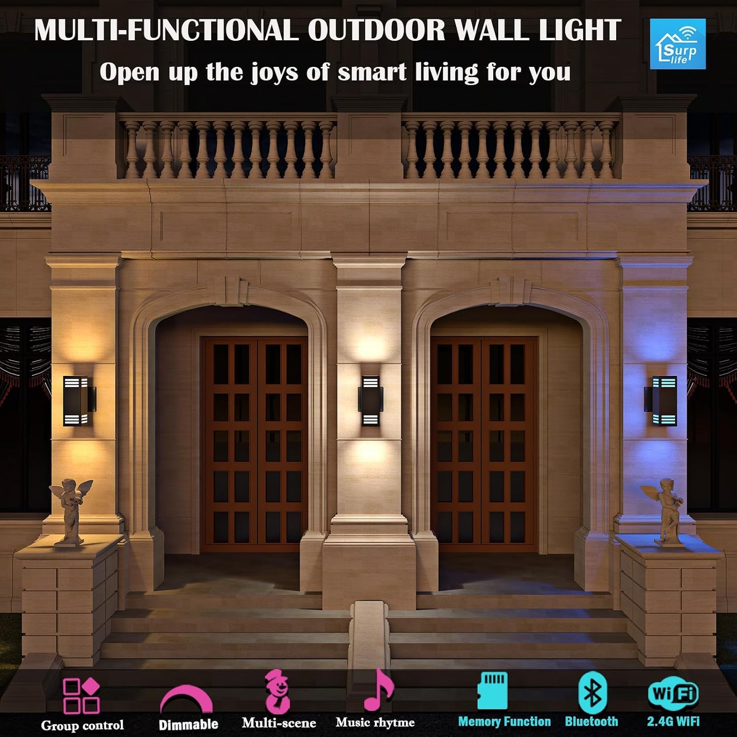 iYogaled RGB Smart Outdoor Wall Lights, 2 Pack Front Porch Light Fixtures, Square Color-Changing Wall Sconce with E26 Base, IP65 Waterproof Up and Down Lights with APP/Voice/Remote Control.