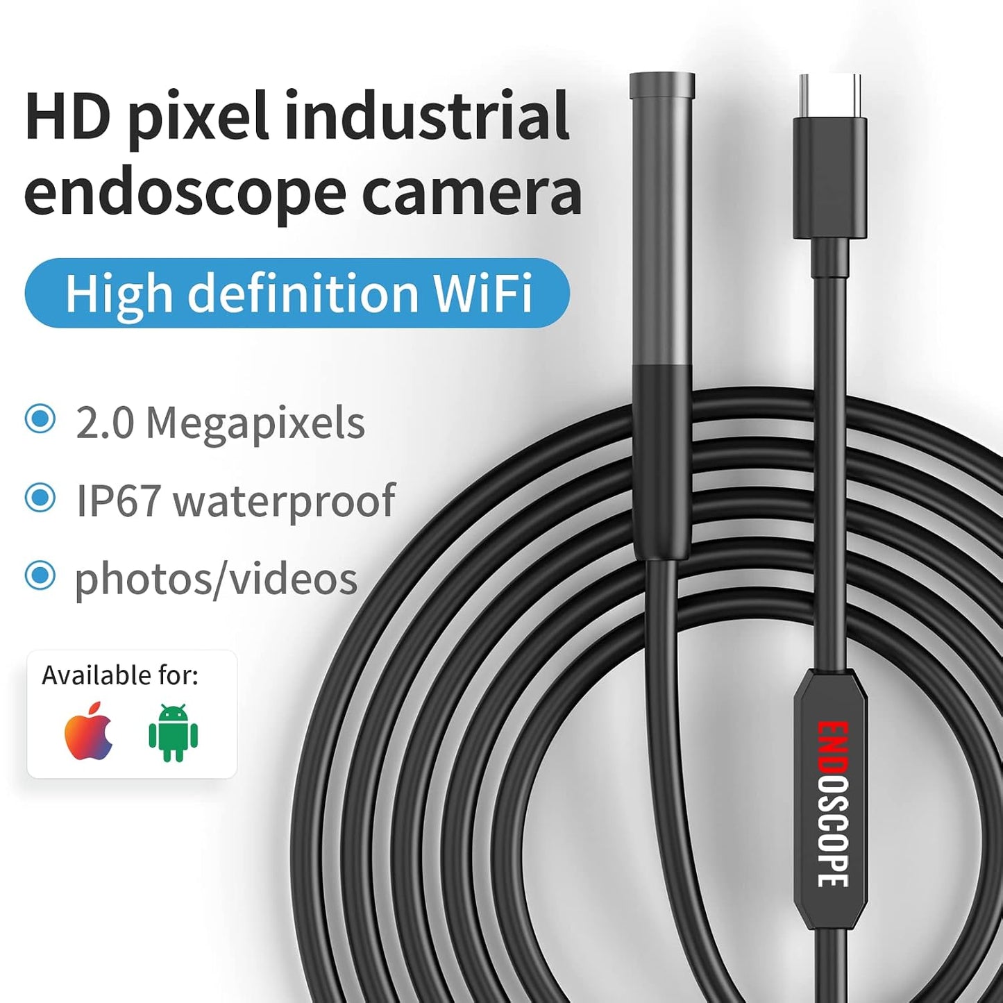 Endoscope Camera with Light, Borescope with 6 LED Lights,Endoscope with 9.8ft Semi-Rigid Snake Camera,IP67 Waterproof Inspection Borescope Camera with Light for Android iPhone iPad, Tools for Men