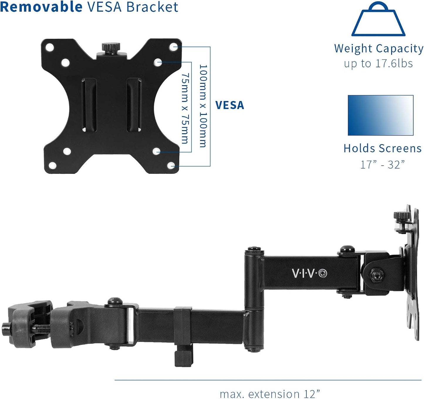 VIVO Black Pole Mount Monitor Arm for 17 to 32 in Screen, MOUNT-POLE01A | Universal, Heavy Duty Steel Design, Full Motion VESA Monitor Arm, Removable 75mm and 100mm VESA Plate