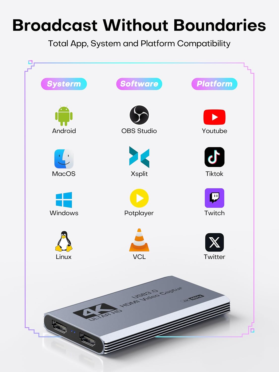 XIIXMASK 4K HDMI Capture Card, USB 3.0 4K60FPS Capture with Pass-Through | Features USB A/C for 4K60FPS & 1080P 120FPS video game capture & streaming. for PS4/5, Xbox, Switch1/2, PC, Mac & camera.