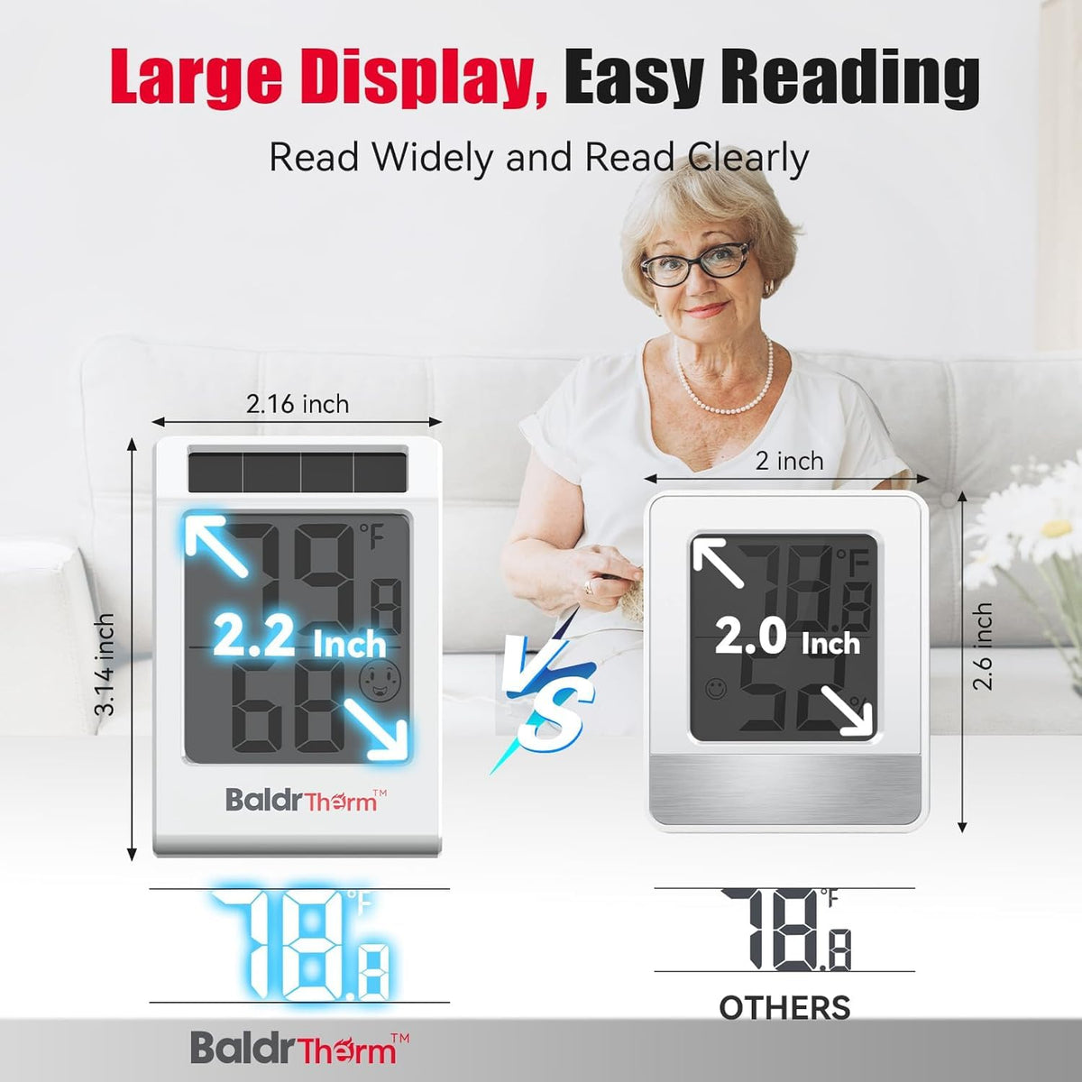 2.2'' Digital Thermometer and Hygrometer Meter, Solar-Powered Indoor Temperature Sensor Humidity Monitor, Humidity Gauge for Baby Rooms, Bedrooms, Home, Office, and Wine Cellars, White, 2Pack