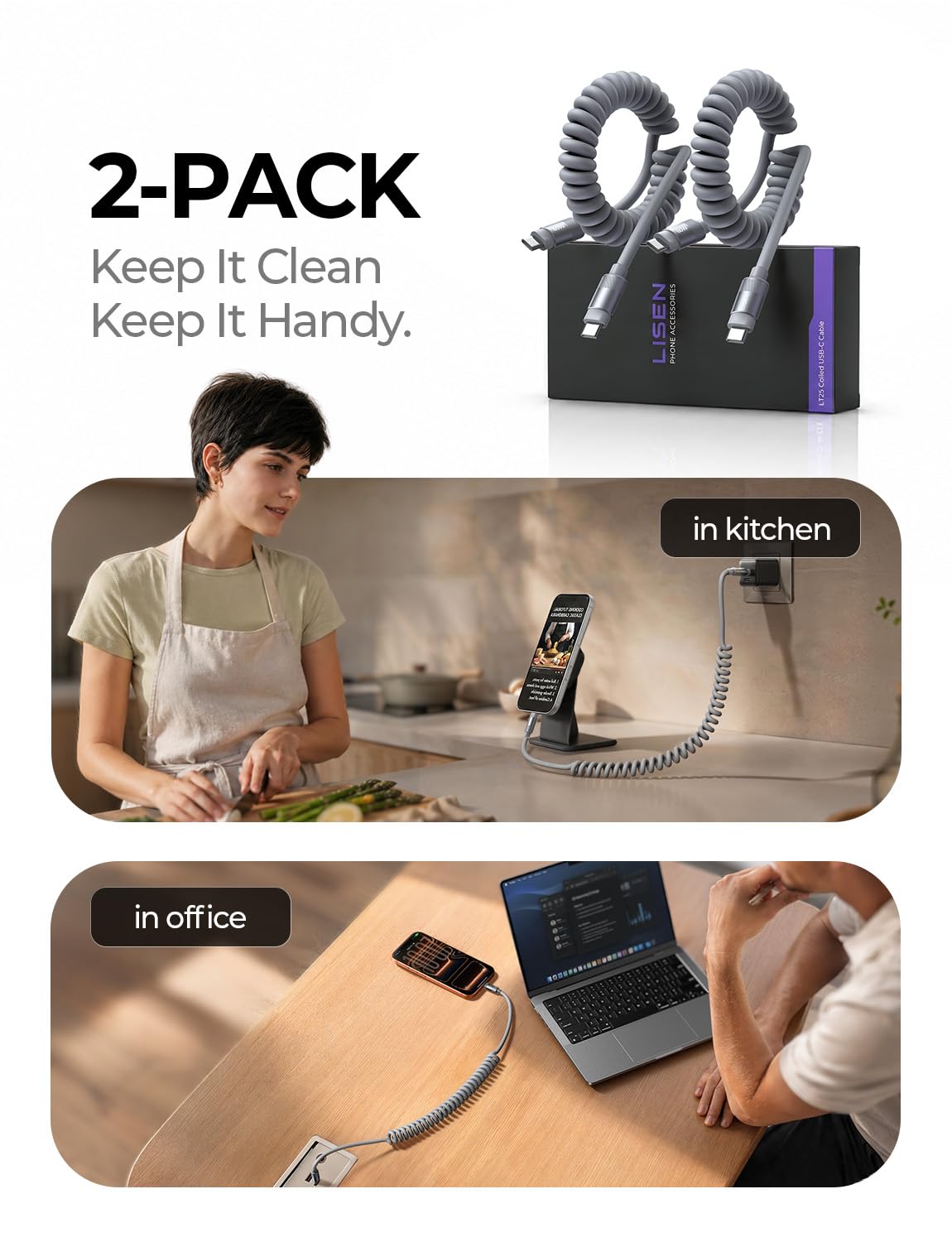 LISEN Coiled USB C Cable 2 Pack 60W Chubby Cable C to C Cable Fast Charging | for Car CarPlay & Android Auto Durable Silicone USB C to USB C Cord for iPhone 17/16 Pro Max, Samsung Galaxy S25,Short 3.5FT