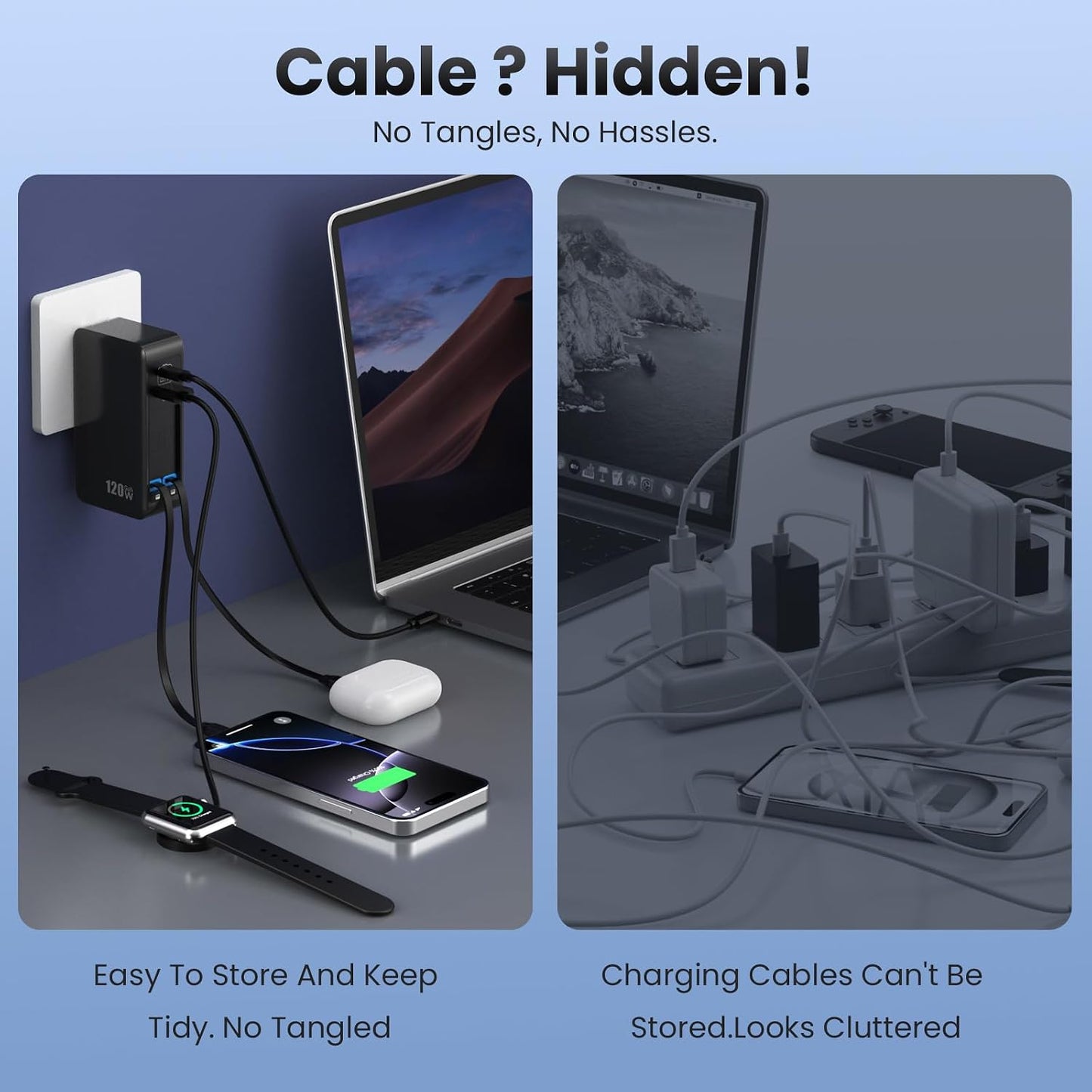 USB C Charger Block 120W with Built-in 2 Retractable Cables,4-in-1 GaN IV Charger Fast Charging Foldable Plug Wall Charger,PD 65W Laptop Charger for MacBook,iPad,iPhone 17/16/15/14,Galaxy,Android etc