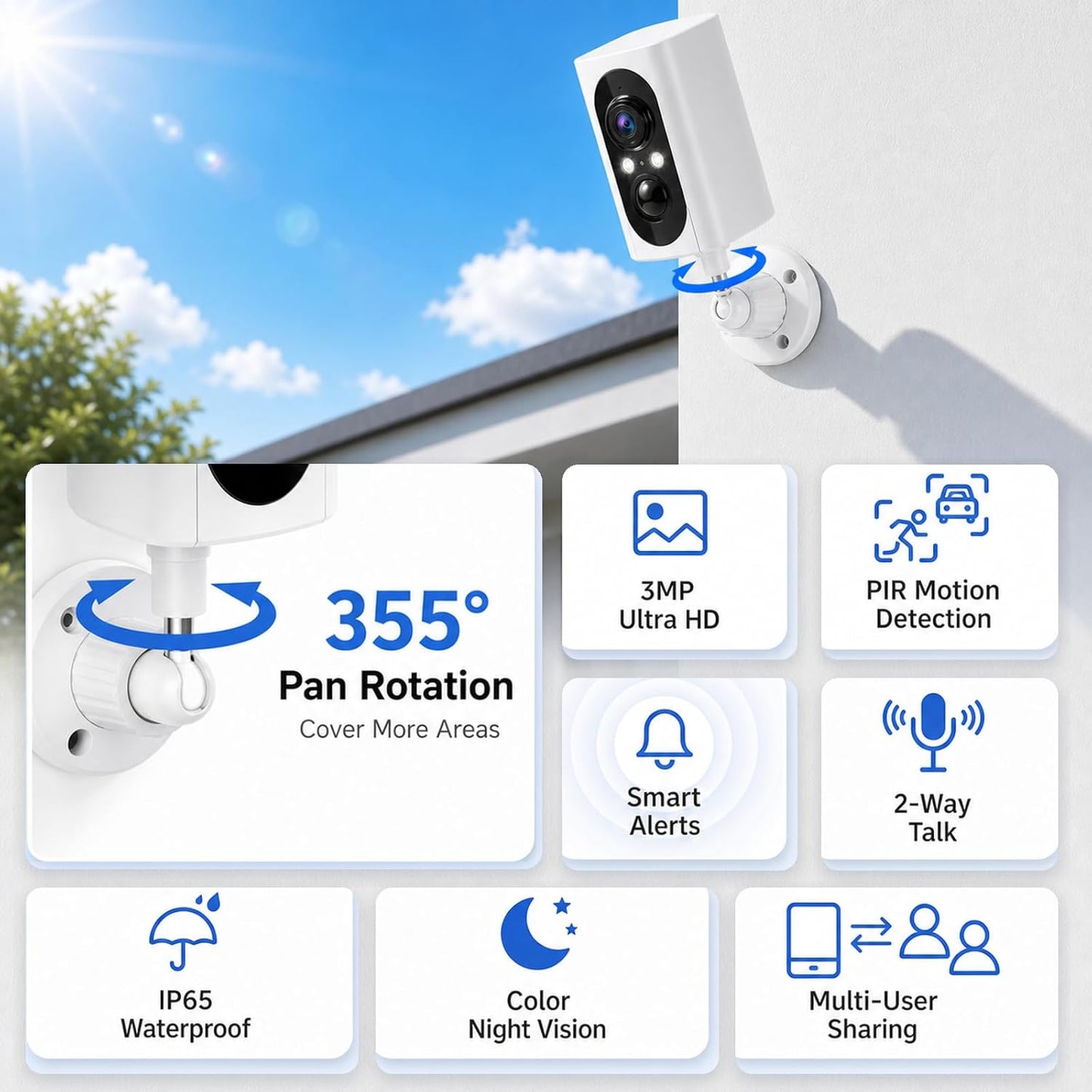 2K Security Cameras Wireless Outdoor, 355° Pan Rotate, Battery Powered, Color Night Vision WiFi Cameras, AI Motion Detection, Cloud/SD Storage, IP65, Alert & Alarm, Cameras for Home Security, 2 Pack
