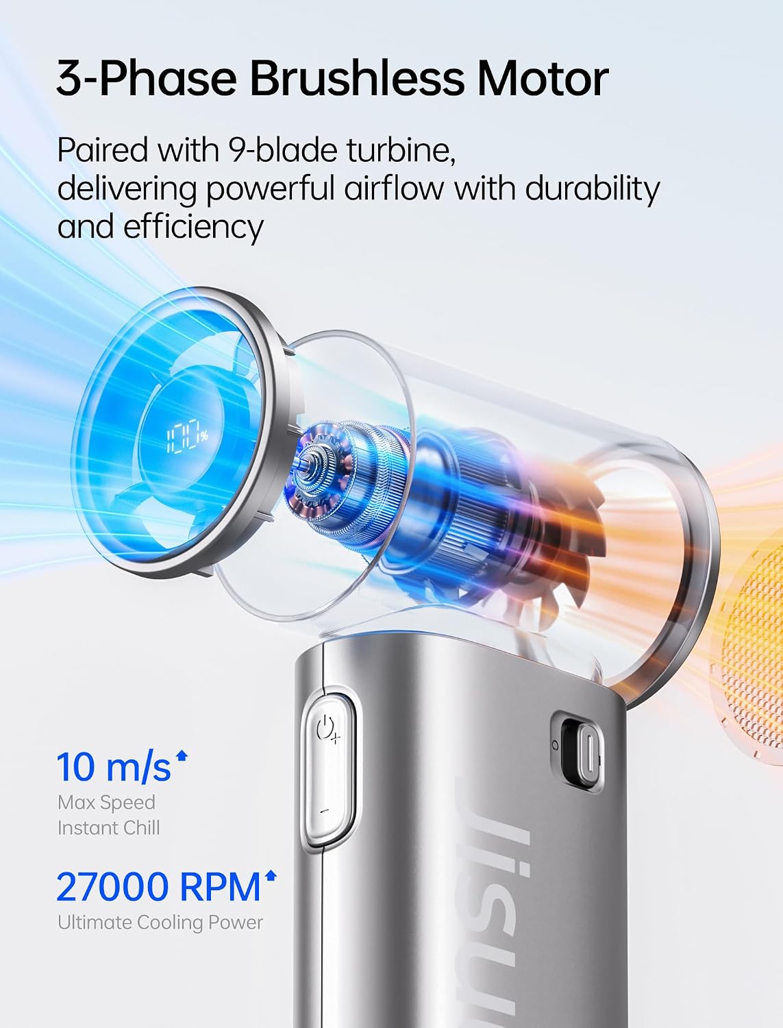 JISULIFE Handheld Fan Life9S - Sleek Chrome: Turbo Power, 22 Hours Cooling | LED Display, 5000mAh, 5-Speeds, Mini Portable Fan for Travel, Cruise, Concerts, Trendy Gifts for Women Men -Silver