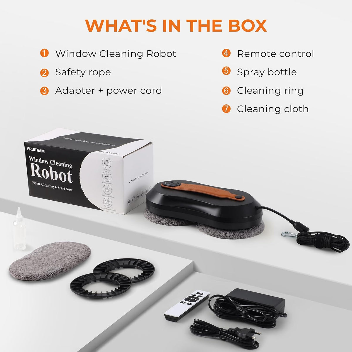 FRUITEAM Automatic Window Cleaner Robot with Dual Direction Auto-Spray | APP and Remote Control, Smart Path Detection, Triple Safety System Anti-Drop for High-Rise Windows, Glass,Door, with 8 Rags