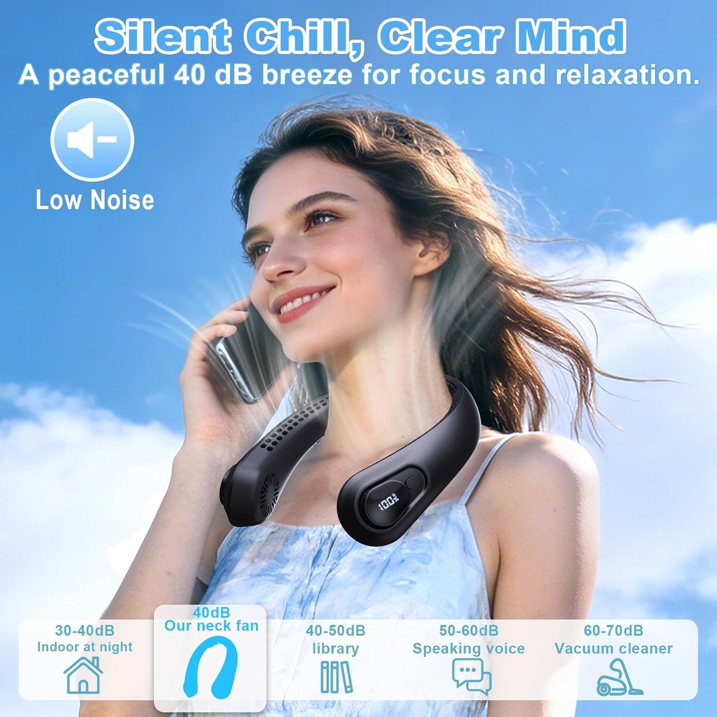 Portable Neck Fan Rechargeable - [with LED Display] 5 Speeds, 5000 mAh Battery Operated Wearable Personal Cooling Bladeless Fan for Outdoor Travel, Gifts for Men Women Kids,Black