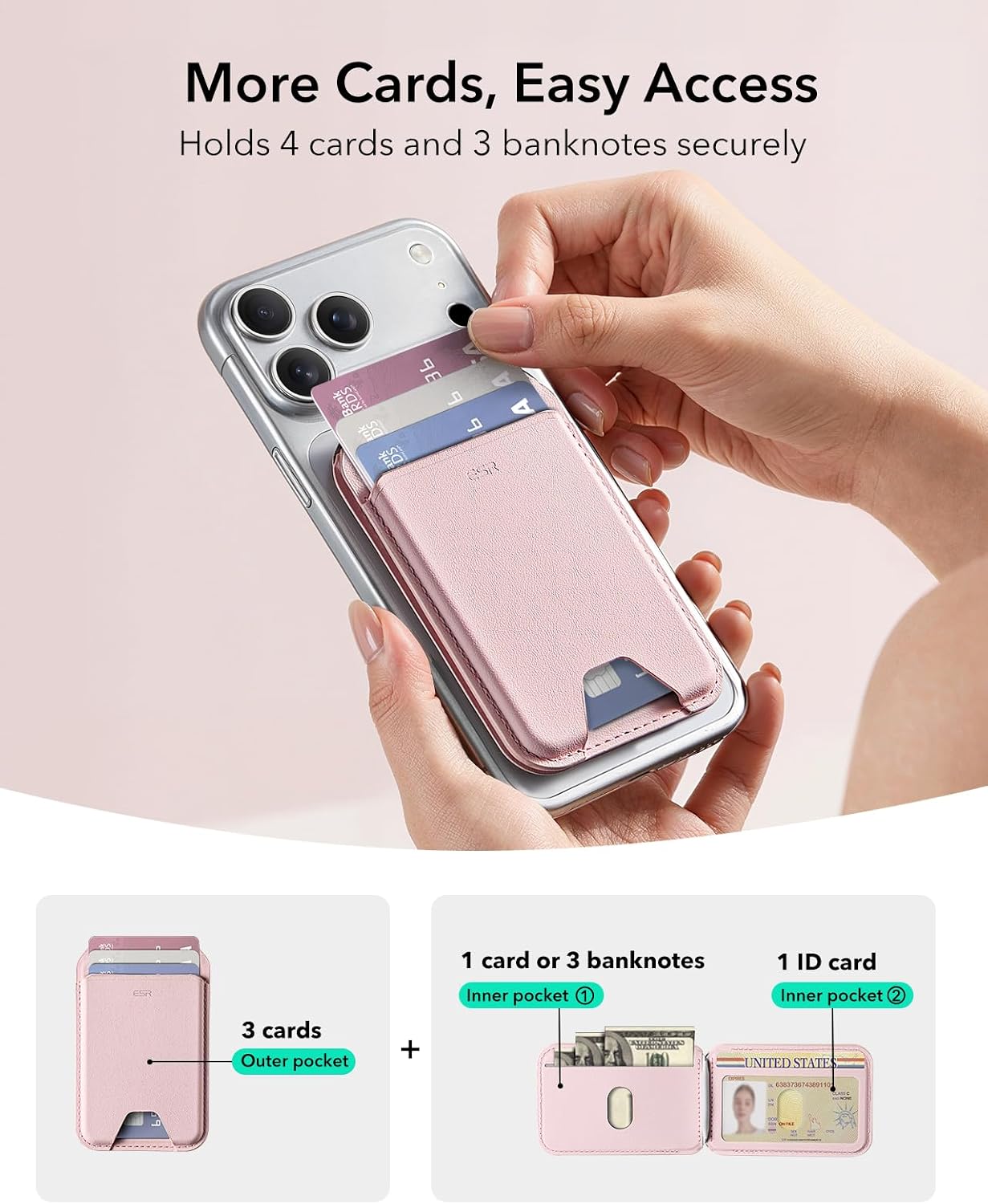ESR Aura for MagSafe Wallet with Adjustable Stand, 5 Card Holder | RFID Blocking, Strong Magnetic Wallet for iPhone 17 Pro Max 17e 16 15 14 13 12 Series, Bubblegum Pink