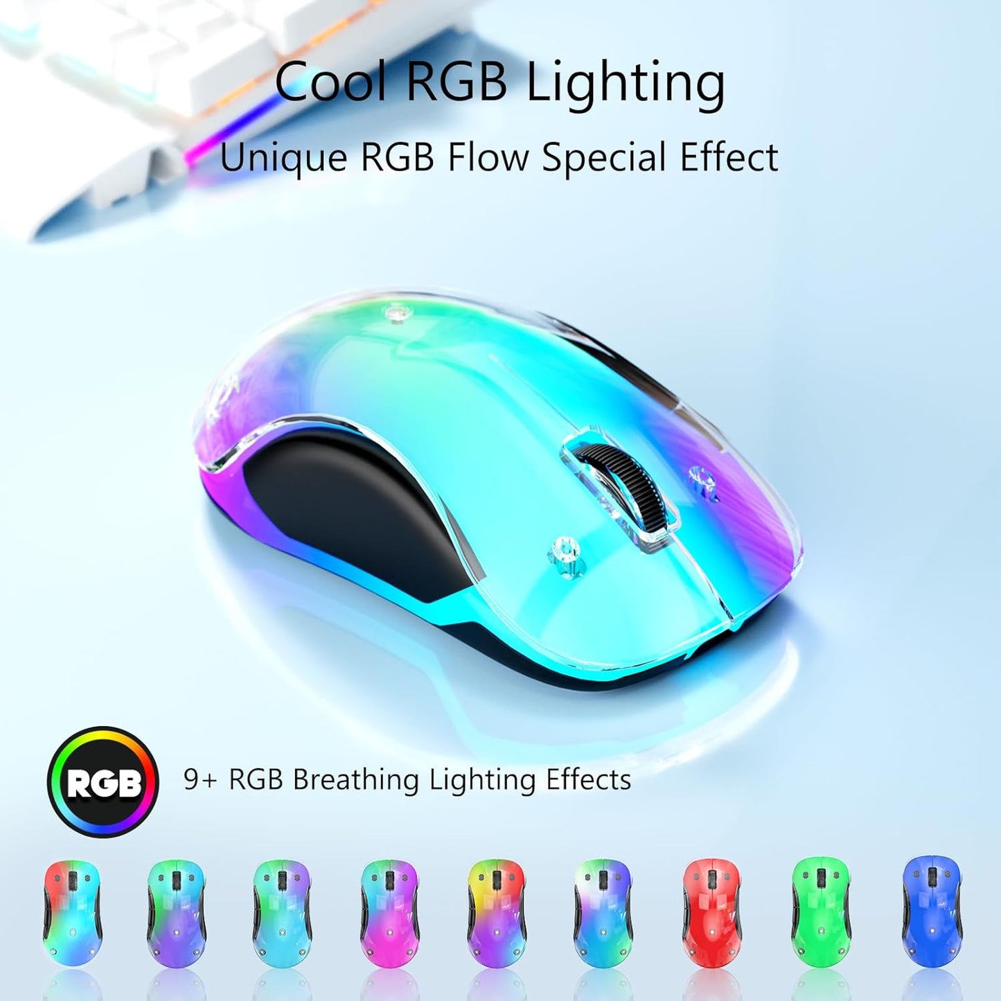 memzuoix 2.4G Wireless Mouse with Customizable Cover & 9-Color LED - Rechargeable Ergonomic, 1200 DPI, 5 Buttons, USB Receiver for PC/Mac - White