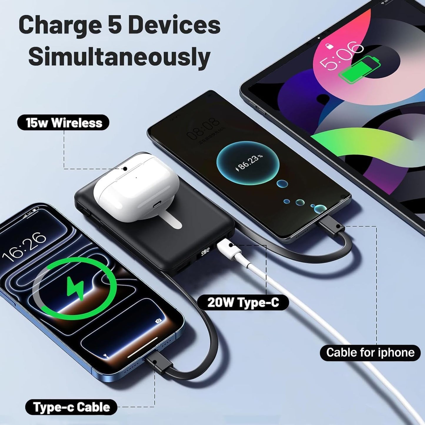 Azmuth for MagSafe Portable Charger, 10000mAh Magnetic Power Bank | 20W PD Fast Charging Magnetic Travel Charger with Dual USB-C LED Display for iPhone 17/16/15/14/13/12 Series