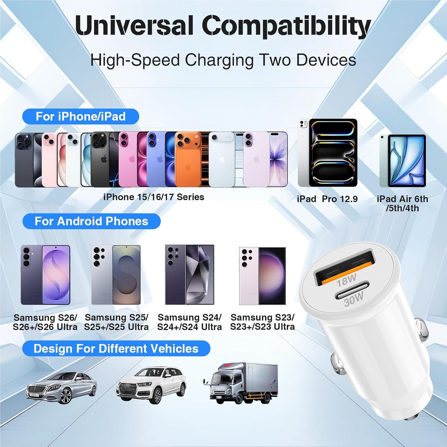 48W USB C Car Charger, Dual Port USB-C & USB-A Car Fast Charging Adapter | 2X3FT C to C Cable & A to C Carplay Cable, Super Fast Type C Car Charger for iPhone 17 16 15 Series/iPhone Air, iPad, Samsung